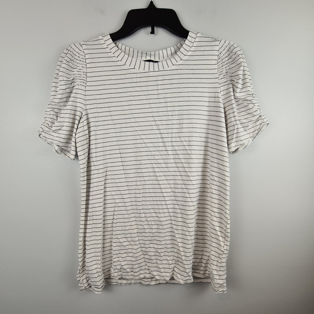 Modern Works Womens White Black‎ Striped Puff Sleeve Smocked Knit Top Size S